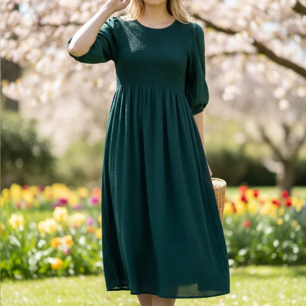 SMOCKED MIDI DRESS, 3/4 PUFF SLEEVE & POCKETS, CROFT & BARROW SIZE PXL. PULLOVER